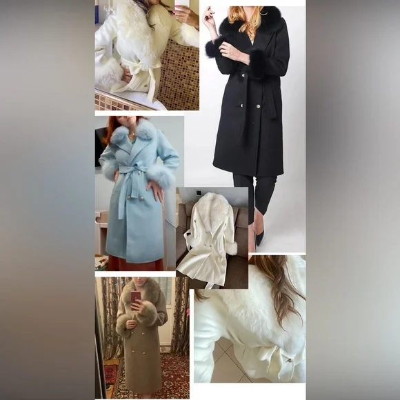 🎉New Luxe High Quality Wool Blend Natural Fox Fur Collar Cashmere Coat